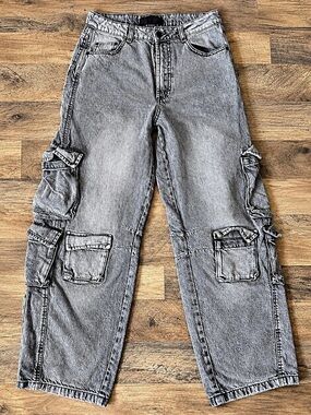 Love for Humanity Women’s 5/27 Gray Acid Wash Cargo Jeans Baggy Y2K